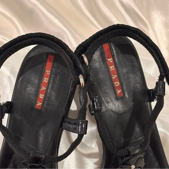 Prada Sport T Strap Sandals Leather Floral Kitten Heels Black Size 6 Vintage Y2K - Picture 12 of 13